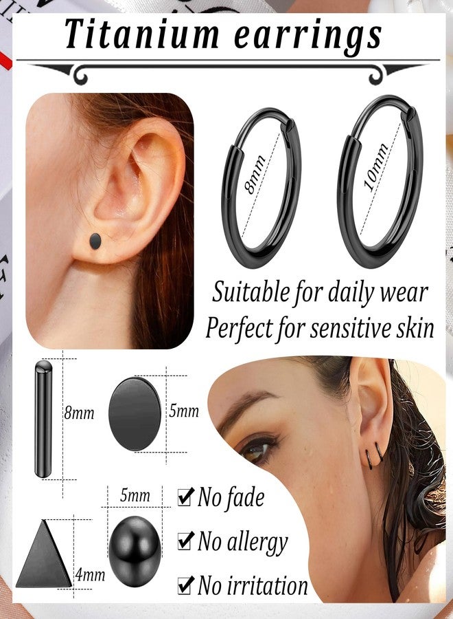 Staligue 6-Pair G23 Pure Titanium Earrings Set - Hypoallergenic 20G Flat Back Hoops & Studs with Ball, Dot, Triangle Designs for Sensitive Ears & Cartilage Piercing (Black) - Image 2